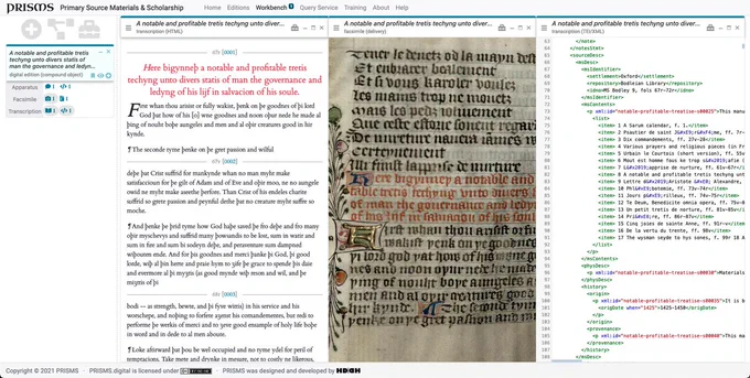 Screenshot of the #PRISMS digital scholarly editions workbench
