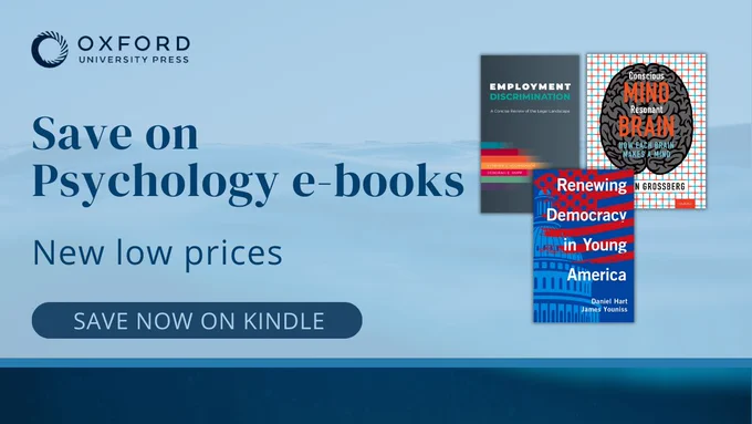 Oxford University Press ad for discounted psychology e-books, featuring a ‘Save Now on Kindle’ button.

