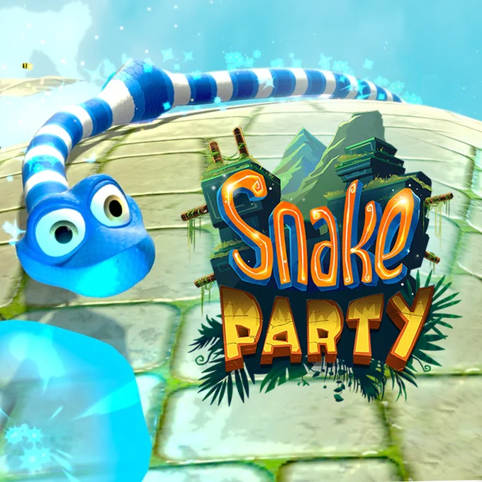 The cover art for the game Snake Party showing a blue and white snake traversing a curved stone environment. The snake has absorbed a blue orb and is sparkling, heading towards another blue orb. Next to the snake's face is the logo for the game, reading 'Snake Party' with temples and jungle foliage behind the text.