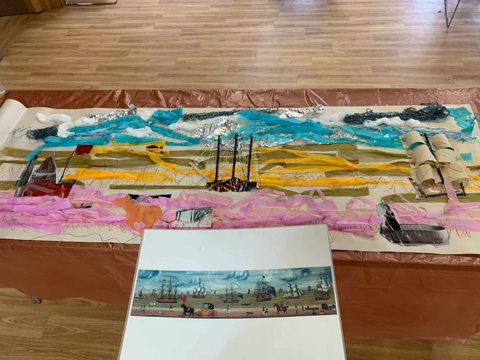 Outreach at a Home Ed group meeting, collaborative collage in response to artwork from the British Folk Art Collection at Compton Verney in Warwickshire 
