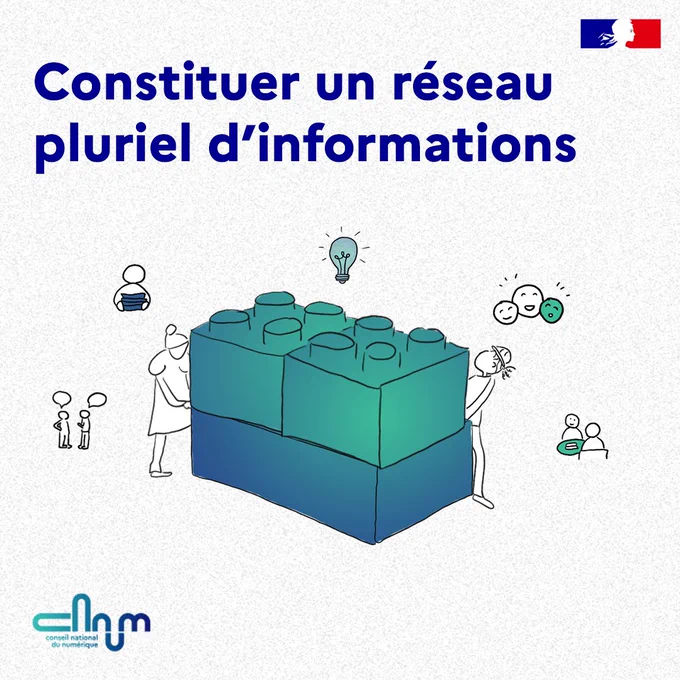 Visuel cénum "constituer un réseau pluriel d'informations" montrant l'idée du dégroupage des réseaux sociaux à travers des briques qui s'emboitent