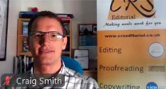 Craig Smith of CRS Editorial with a pull-up banner in the background.
