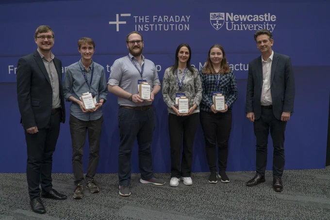 Photo: The award winners left to right: Robert Mitchell of CPI (the poster award session sponsor), Liam Bird, Sam Hare, Gwen Chimonides, Veronika Šedajová, and Martin Freer (CEO, Faraday Institution).