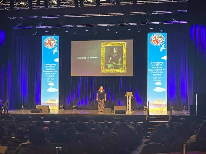 Katja Obring on stage at TestBash 