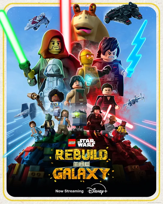 A poster for LEGO Star Wars: Rebuild the Galaxy. A collage of many different characters from the special. Including Darth Jar Jar, Jedi Bob, and Jedi Vader.