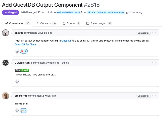 Screenshot with a merged GitHub Pull Request adding QuestDB output plugin to Redpanda Connect
