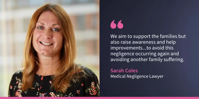Portrait of Sarah Coles, Medical Negligence Lawyer, smiling in an office environment with a quote about supporting families and raising awareness to prevent sepsis.