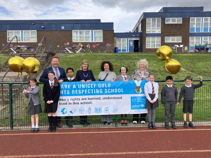 left to right is Greg Bremner Chief Education Officer, Convener of Education Lynda Williamson, Headteacher Lesley Rodden and Depute Head/Principal Teacher Lynn Parker