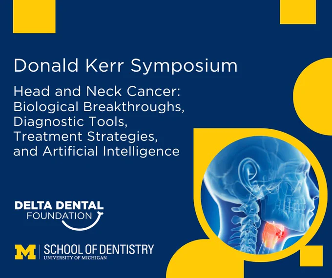 Text on image reads, "Donald Kerr Symposium Head and Neck Cancer: Biological Breakthroughs, Diagnostic Tools, Treatment Strategies, and Artificial Intelligence" on a dark blue background.