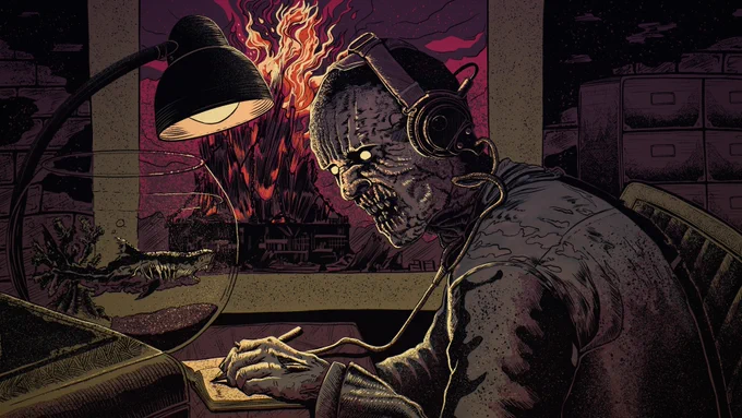 An illustration of a zombie sitting at a desk, writing in a notebook whilst listening to music. An apocalyptic landscape can be seen outside the window