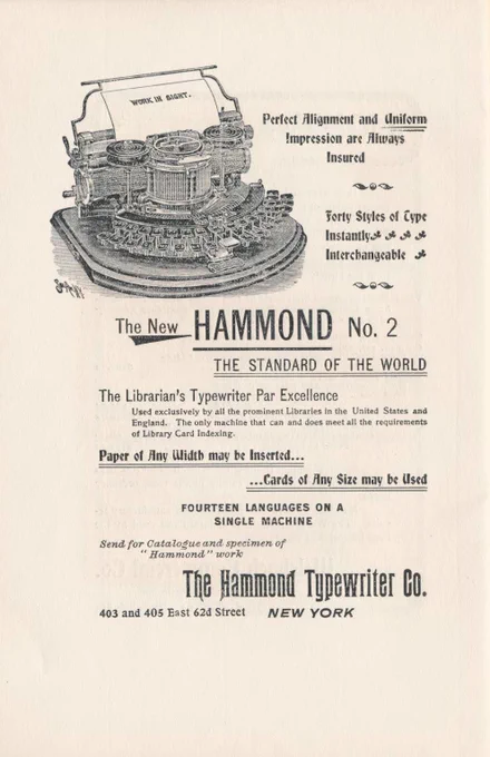 Black and white advertisement for Hammond typewriters.