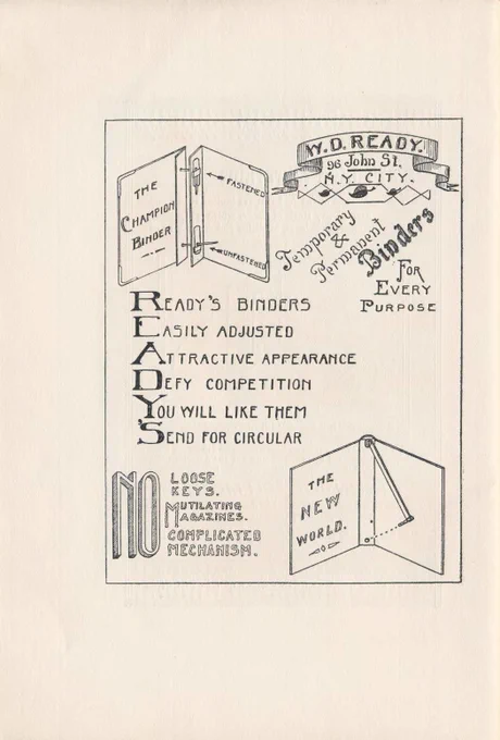 Black and white advertisement for W. D. Ready binders.