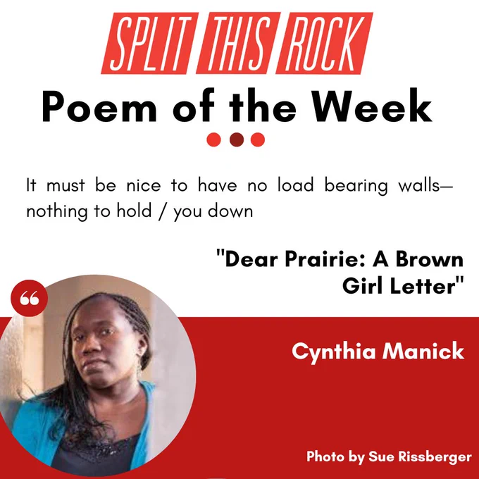 Poem of the Week graphic, which includes the poem title, author, and excerpt with a photo of Cynthia Manick in a circular frame. Cynthia Manick stands in a lit archway. She's an African-American woman with black shoulder length braids. The braids are swept to the side and rest on her left shoulder. She is wearing a black v-neck shirt and a loose blue cardigan. 