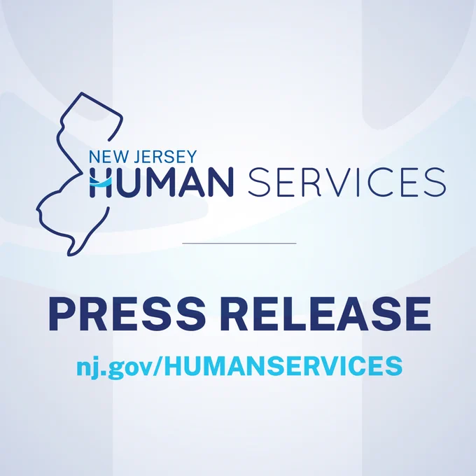 Press Release graphic that uses hues of blues and showcases the Department of Human Services logo, which uses an outline of New Jersey. 
