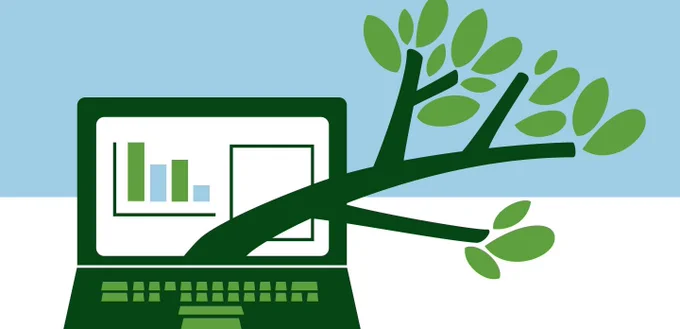 A stylized illustration of a green laptop computer with a bar graph on its screen. From the laptop emerges a tree branch with green leaves, symbolizing growth or environmental technology. The background is light blue.