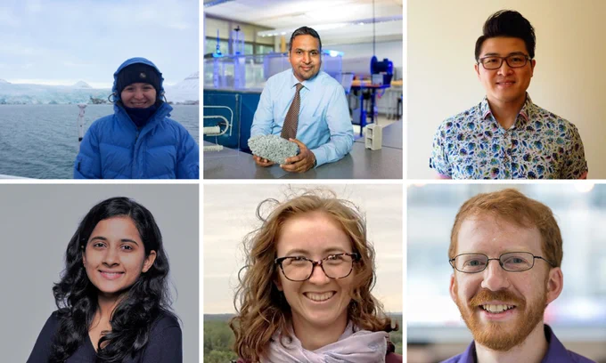 UVic researchers -clockwise from top left: Sophie Norris (Geography), Rishi Gupta (Civil Engineering), Bosco Yu (Mechanical Engineering), Sravya Tekumalla (Mechanical Engineering), Heather Russell (Physics and Astronomy) and Thomas Baker (Chemistry)
