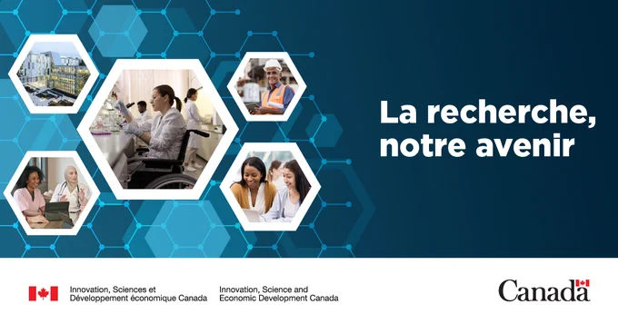 Montage de cinq photos en forme d’hexagone montrant des chercheurs, des scientifiques et des immeubles de recherche. Texte : La recherche, notre avenir.