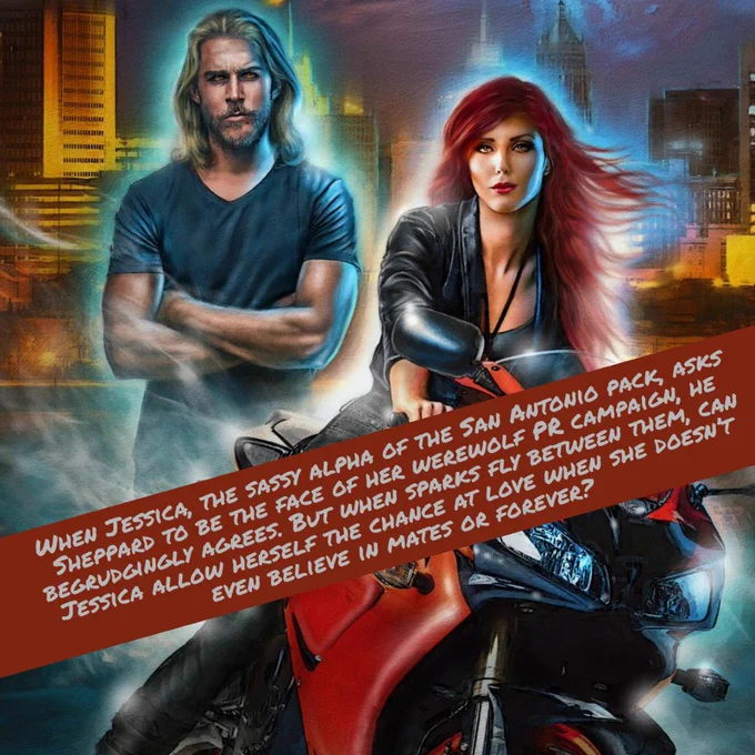 cover art of A PLACE TO CHANGE by Becca Lynn Mathis featuring an attractive woman with long red hair and golden eyes on a red sport bike in the foreground with an attractive man with long blonde hair and golden eyes in the background (with his arms crossed) - caption on the image reads: "When Jessica, the sassy alpha of the San Antonio pack asks Sheppard to be the face of her werewolf PR campaign, he begrudgingly agrees. But when sparks fly between them, can Jessica allow herself the chance at love when she doesn't even believe in mates or forever?"