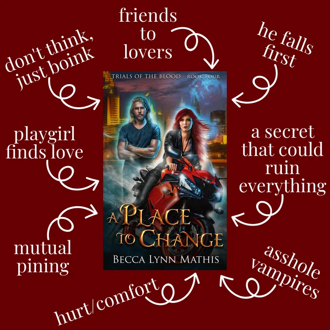 cover art of A PLACE TO CHANGE by Becca Lynn Mathis featuring an attractive woman with long red hair and golden eyes on a red sport bike in the foreground with an attractive man with long blonde hair and golden eyes in the background (with his arms crossed) - the cover art is centered in the image with the following tropes scattered around it (with arrows from each pointing back at the cover art): "friends to lovers, he falls first, don't think just boink, playgirl finds love, a secret that could ruin everything, mutual pining, hurt/comfort, asshole vampires"