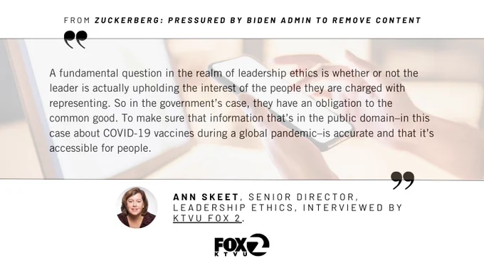 Quote from Ann Skeet, Senior Director by KTVU FOX 2, discussing leadership ethics and government's obligation in providing accurate information during a global pandemic, represented on a professional graphic layout.