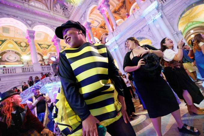 The dance floor as a wide cast of characters take over the Library of Congress Great Hall during the Film Costume Ball as part of the weekly “Live! At the Library” series, September 12, 2024. Photo by Shawn Miller/Library of Congress. 