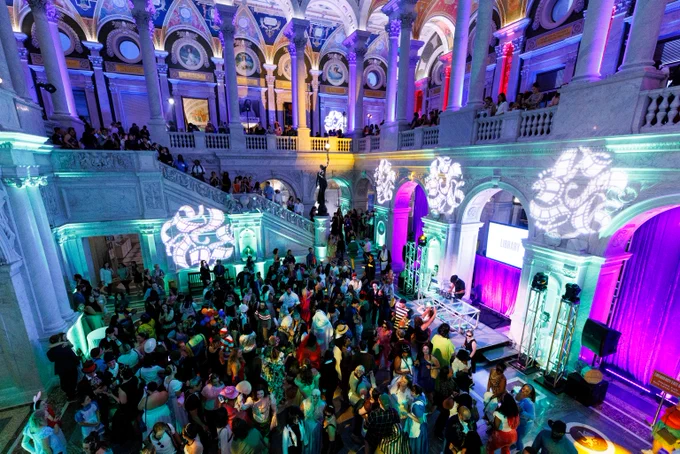 A wide cast of characters on the dance floor at the Library of Congress Great Hall during the Film Costume Ball as part of the weekly “Live! At the Library” series, September 12, 2024. Photo by Shawn Miller/Library of Congress. 