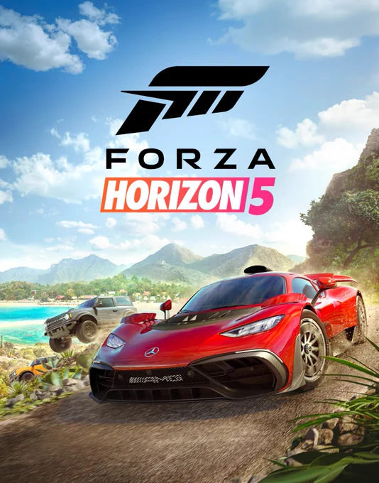 FH5 Cover Art featuring a red AMG One speeding on a coastal road with a scenic mountainous backdrop and other vehicles in dynamic motion.