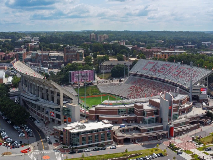 An aerial view of Memorial stadium at Clemson University.