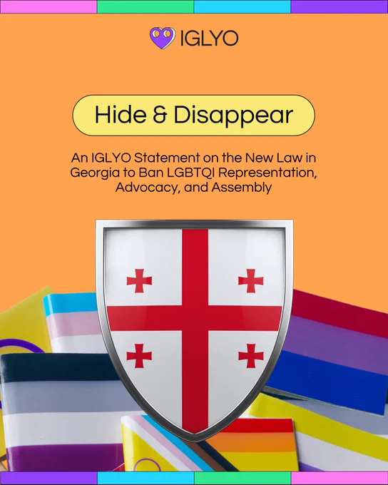 Visual with the title “Hide & Disappear: An IGLYO Statement on the New Law in Georgia to Ban LGBTQI Representation, Advocacy, and Assembly”. Below is a shield with the Georgian flag hiding a pile of LGBTQI flags. The IGLYO Logo is at the top.