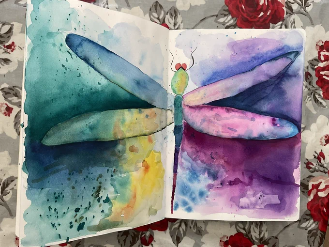 A dragonfly from my art journal. I built a wildlife pond in lockdown, these beautiful creatures fill me with hope, spontaneity and joy. Painting them leaves me feeling that way too.