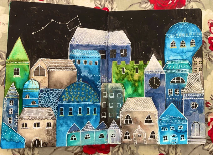 An imagined city at night, in watercolours and acrylic, from my art journal.