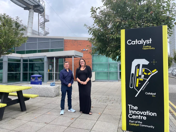 Baroness Anderson alongside Steve Orr outside the Catalyst Innovation Centre in Belfast