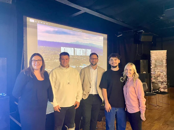 A group shot of 5 people including Baroness Anderson at the Springboard Opportunities premiere of BEYOND TWENTY FIVE.