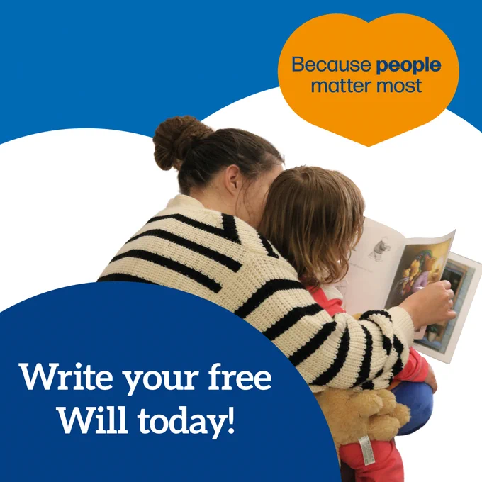 Photo of mum and child reading with text 'write your free will today'