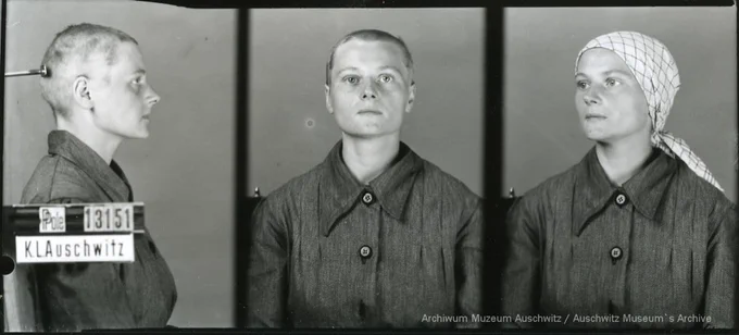 A mugshot registration photograph from Auschwitz. A woman wearing a striped uniform photographed in three positions (profile and front with a bare head and a photo with a slightly turned head with a headscarf on). The prisoner number is visible on a marking board on the left.