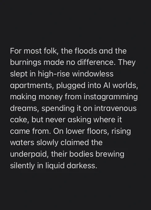 For most folk, the floods and the burnings made no difference. They slept in high-rise windowless apartments, plugged into AI worlds, making money from instagramming dreams, spending it on intravenous cake, but never asking where it came from. On lower floors, rising waters slowly claimed the underpaid, their bodies brewing silently in liquid darkess.
