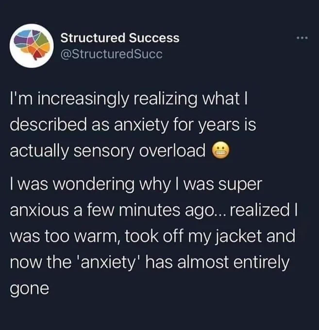 Transcription: 

I'm increasingly realizing what I described as anxiety for years is actually sensory overload 😬

I was wondering why I was super anxious a few minutes ago... realized I was too warm, took off my jacket and now the 'anxiety' has almost entirely gone
