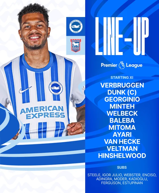 Albion's starting XI graphic to face Ipswich, featuring an image of Georginio Rutter in our home kit: 

Verbruggen, Dunk, Georginio, Minteh, Welbeck, Baleba, Mitoma, Ayari, van Hecke, Veltman, Hinshelwood. Subs: Steele, Igor Julio, Webster, Enciso, Adingra, Moder, Kadioglu, Ferguson, Estupinan. 

Come on Albion!