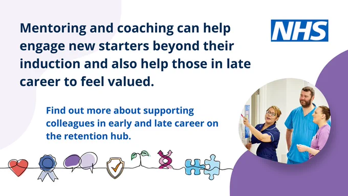 An image of three members of nursing staff looking at a noticeboard. Text to the left reads Mentoring and coaching can help engage new starters beyond their induction and also help those in late career to feel valued. Find out more about supporting colleagues in early and late career on the retention hub.