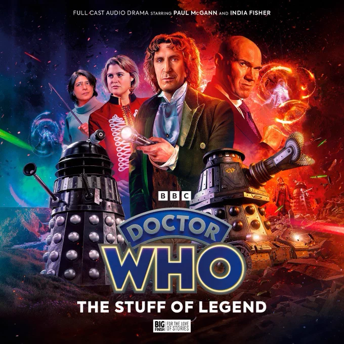 The cover of The Stuff of Legend, with art by Sean Longmore. In the centre, the Eighth Doctor holds a flashlight. To his left are Charley, Emily and a black leader Dalek. To the right is The McQueen Master, a special weapons Dalek with a rotary blade, and in the distance, another Dalek accompanying a Roboman. The debris ridden sky fades from blue to red vertically while two ominous figures peer out of floating whirlpools.