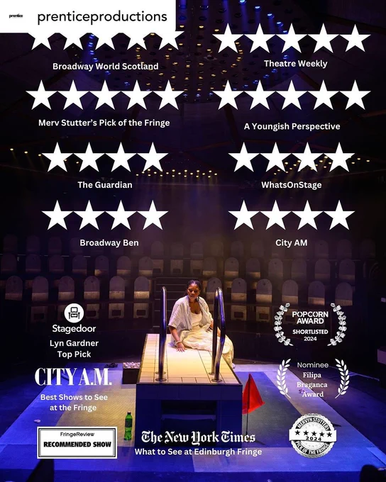 A poster for a play. At the top of the image are various rows of five and four white stars with publication names underneath them. A black feminine presenting person sits on a tiled surface. Theatre seating is behind them.