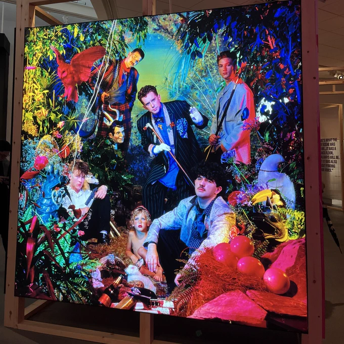 A display at an exhibition of a Frankie Goes to Hollywood album cover artwork.