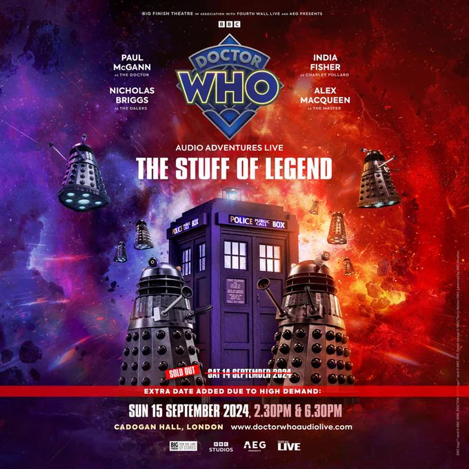 A poster for the upcoming Big Finish live event. Several Daleks surround the TARDIS.