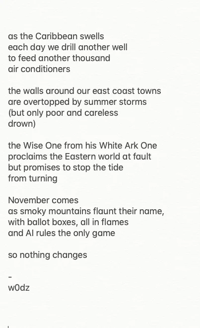 a poem by w0dz entitled White House Ark

as the Caribbean swells
each day we drill another well 
to feed another thousand
air conditioners

the walls around our east coast towns
are overtopped by summer storms
(but only poor and careless 
drown)

the Wise One from his White Ark One
proclaims the Eastern world at fault
but promises to stop the tide
from turning

November comes
as smoky mountains flaunt their name, 
with ballot boxes, all in flames
and AI rules the only game

so nothing changes
