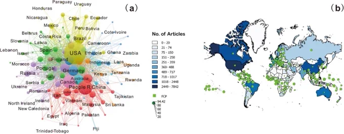 Evidence showing a the visualization of the cooperative network and publication productivity of each country in forest hydrological research; b the geographical contribution of research articles and percent forest cover (FCP) in each country. The green circles indicate the country-wise percentage of forest cover (FAO 2020). From 2000 to 2022, the size of each node represents the number of articles published in that country. The number of links or connections is an indication of the level of cooperation between different countries