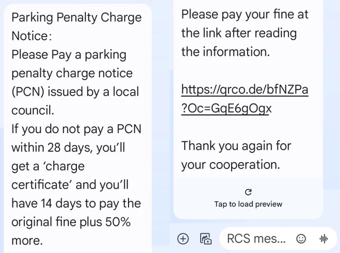 An example of a scam text message relating to parking charge payments