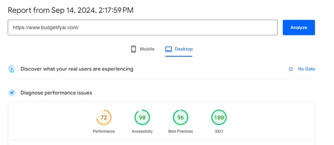 Budgetify AI website performance/best practice score