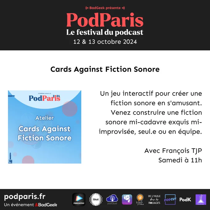 Cards againts Fiction Sonore
Un jeu interactif pour créer une fiction sonore en s'amusant. Venez construire une fiction sonore mi-cadavre exquis mi-improvisée, seul.e ou en équipe.

Avec François TJP
Samedi à 11h