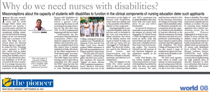 Why do we need nurses with disabilities? My OpEd in Pioneer earlier: https://www.dailypioneer.com/2021/columnists/why-do-we-need-nurses-with-disabilities-.html#:~:text=They adapt in unconventional ways,profession to those without disabilities.