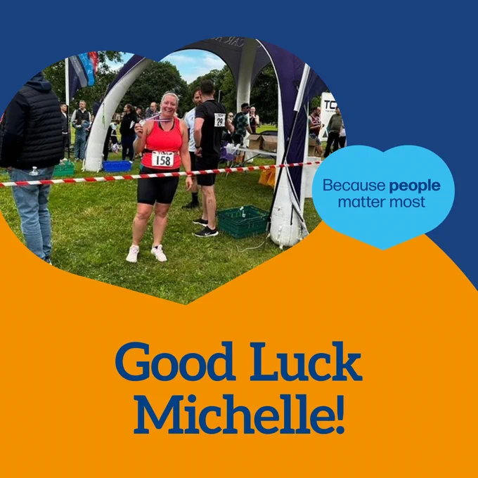 Photo of at her last triathlon with text Good Luck Michelle